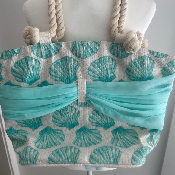 MUDPIE - Aqua Colored Seashells Print Tote/Bag - Picture 2 of 7